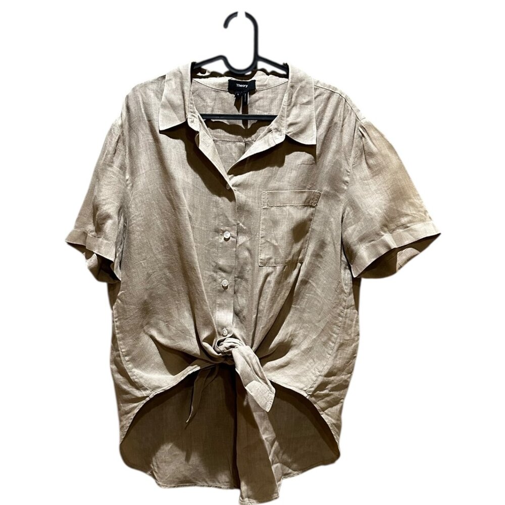 Theory Hekanina Front Tie Linen Weave Button Down Shirt top